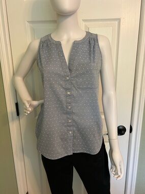 Ann Taylor Sleeveless Slate Blue Dot Button-Front Top